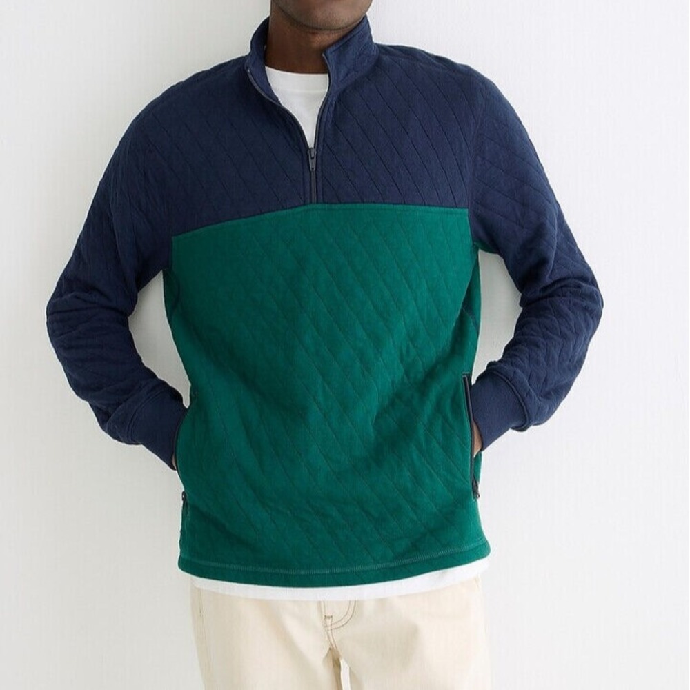 J.Crew Quilted Quarter Zip Pullover Color block Navy Blue Green Men's Medium - Picture 10 of 10